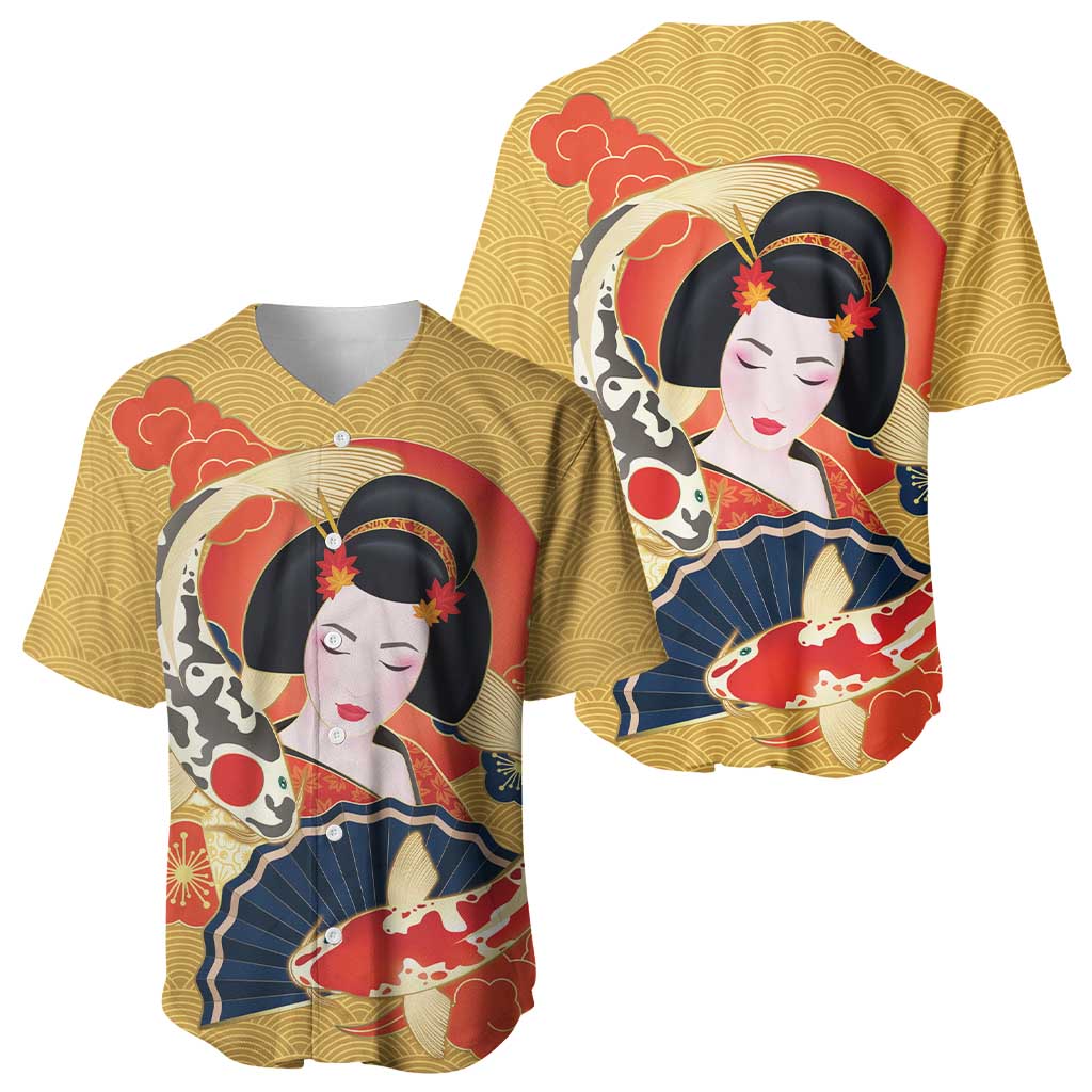 Japanese Geisha Koi Fish Baseball Jersey Cherry Blossoms Yellow Seigaiha Pattern - Polynesian Pride