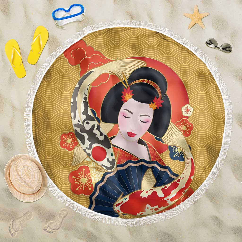 Japanese Geisha Koi Fish Beach Blanket Cherry Blossoms Yellow Seigaiha Pattern - Polynesian Pride