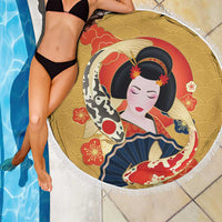 Japanese Geisha Koi Fish Beach Blanket Cherry Blossoms Yellow Seigaiha Pattern - Polynesian Pride