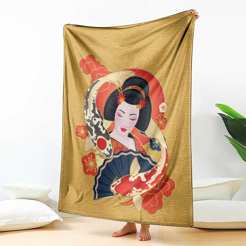 Japanese Geisha Koi Fish Blanket Cherry Blossoms Yellow Seigaiha Pattern - Polynesian Pride