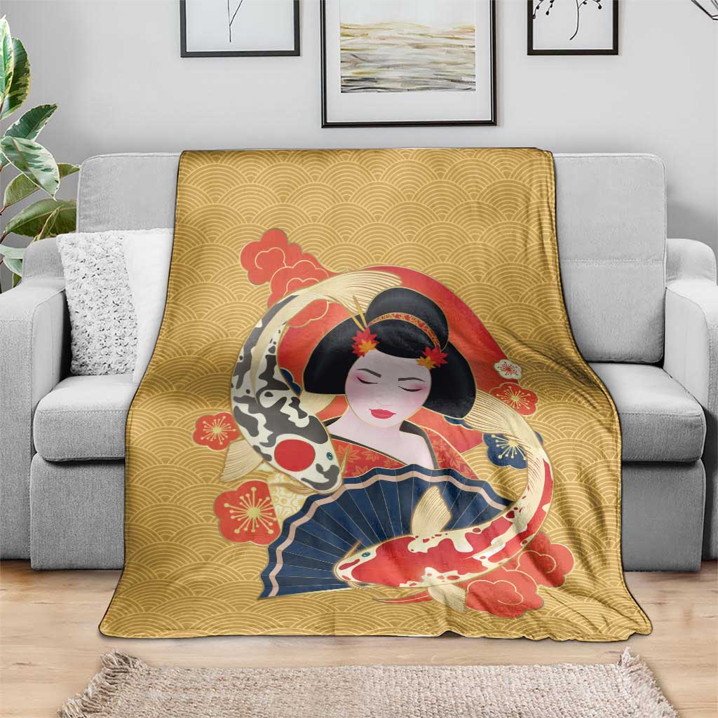 Japanese Geisha Koi Fish Blanket Cherry Blossoms Yellow Seigaiha Pattern - Polynesian Pride