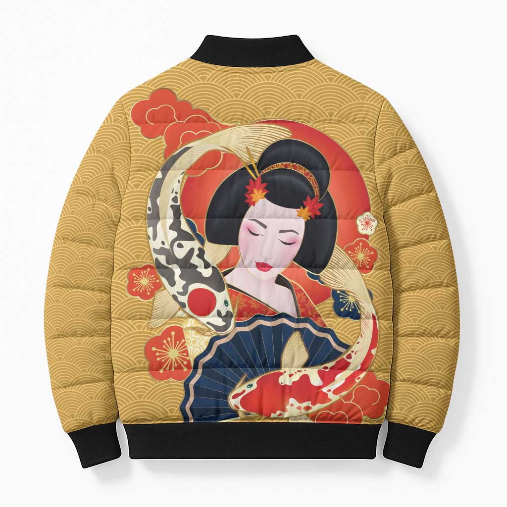Japanese Geisha Koi Fish Bomber Puffer Jacket Cherry Blossoms Yellow Seigaiha Pattern - Polynesian Pride