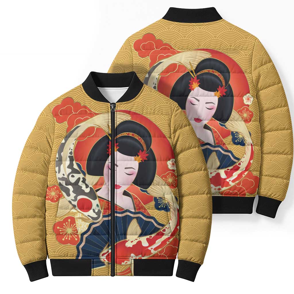 Japanese Geisha Koi Fish Bomber Puffer Jacket Cherry Blossoms Yellow Seigaiha Pattern - Polynesian Pride