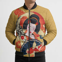 Japanese Geisha Koi Fish Bomber Puffer Jacket Cherry Blossoms Yellow Seigaiha Pattern - Polynesian Pride