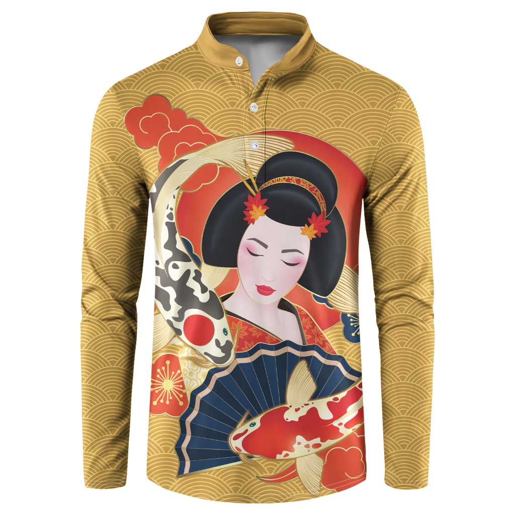 Japanese Geisha Koi Fish Button Sweatshirt Cherry Blossoms Yellow Seigaiha Pattern - Polynesian Pride