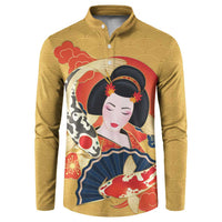 Japanese Geisha Koi Fish Button Sweatshirt Cherry Blossoms Yellow Seigaiha Pattern - Polynesian Pride