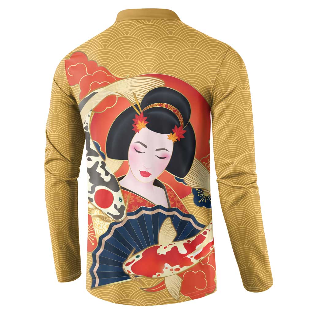 Japanese Geisha Koi Fish Button Sweatshirt Cherry Blossoms Yellow Seigaiha Pattern - Polynesian Pride