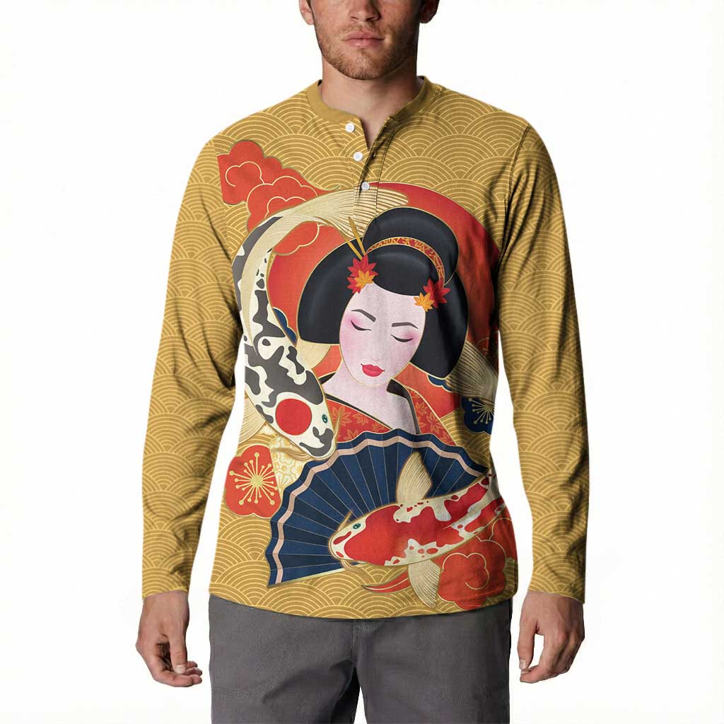 Japanese Geisha Koi Fish Button Sweatshirt Cherry Blossoms Yellow Seigaiha Pattern - Polynesian Pride