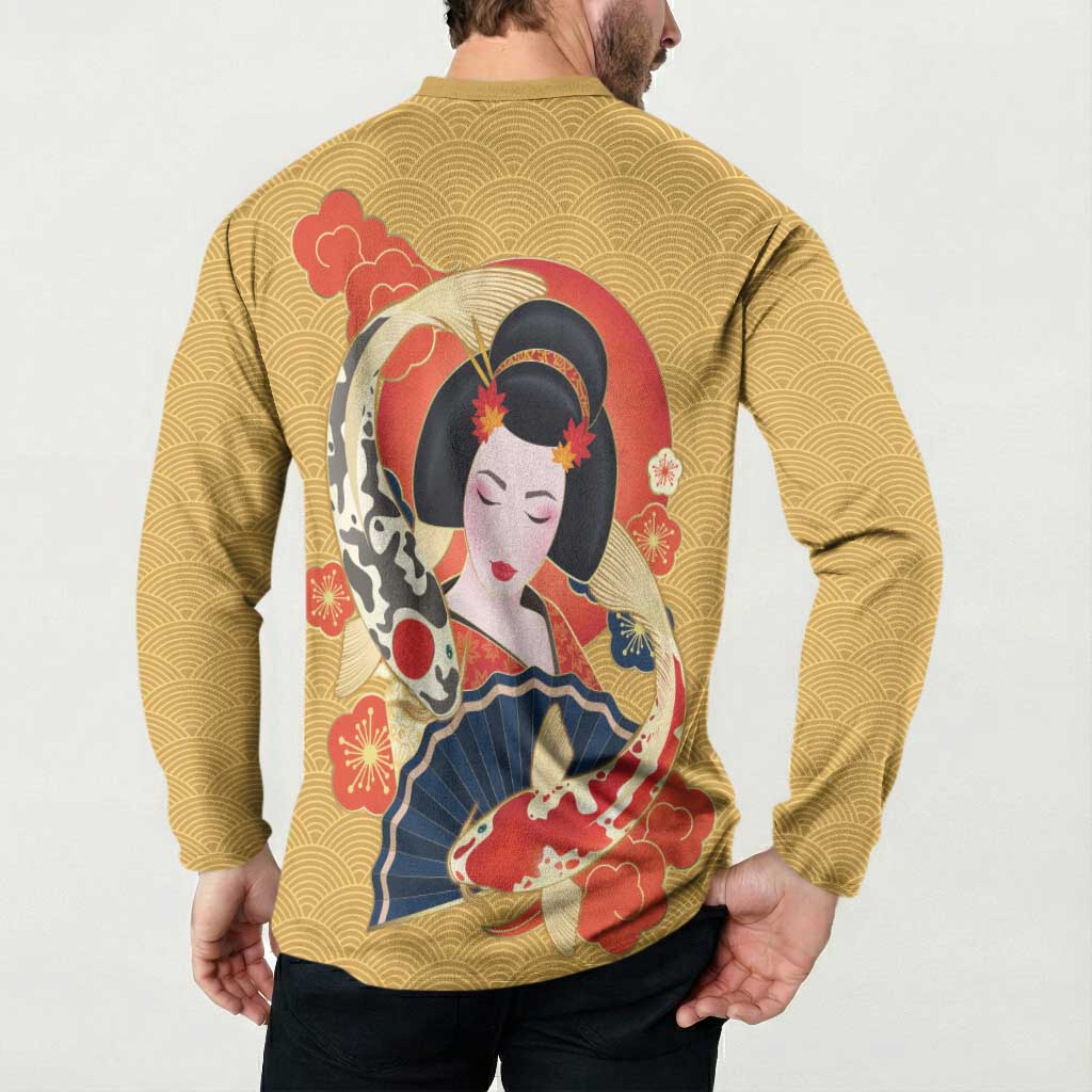 Japanese Geisha Koi Fish Button Sweatshirt Cherry Blossoms Yellow Seigaiha Pattern - Polynesian Pride