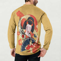 Japanese Geisha Koi Fish Button Sweatshirt Cherry Blossoms Yellow Seigaiha Pattern - Polynesian Pride