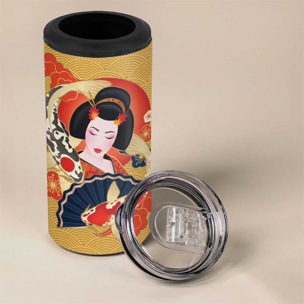Japanese Geisha Koi Fish 4 in 1 Can Cooler Tumbler Cherry Blossoms Yellow Seigaiha Pattern - Polynesian Pride