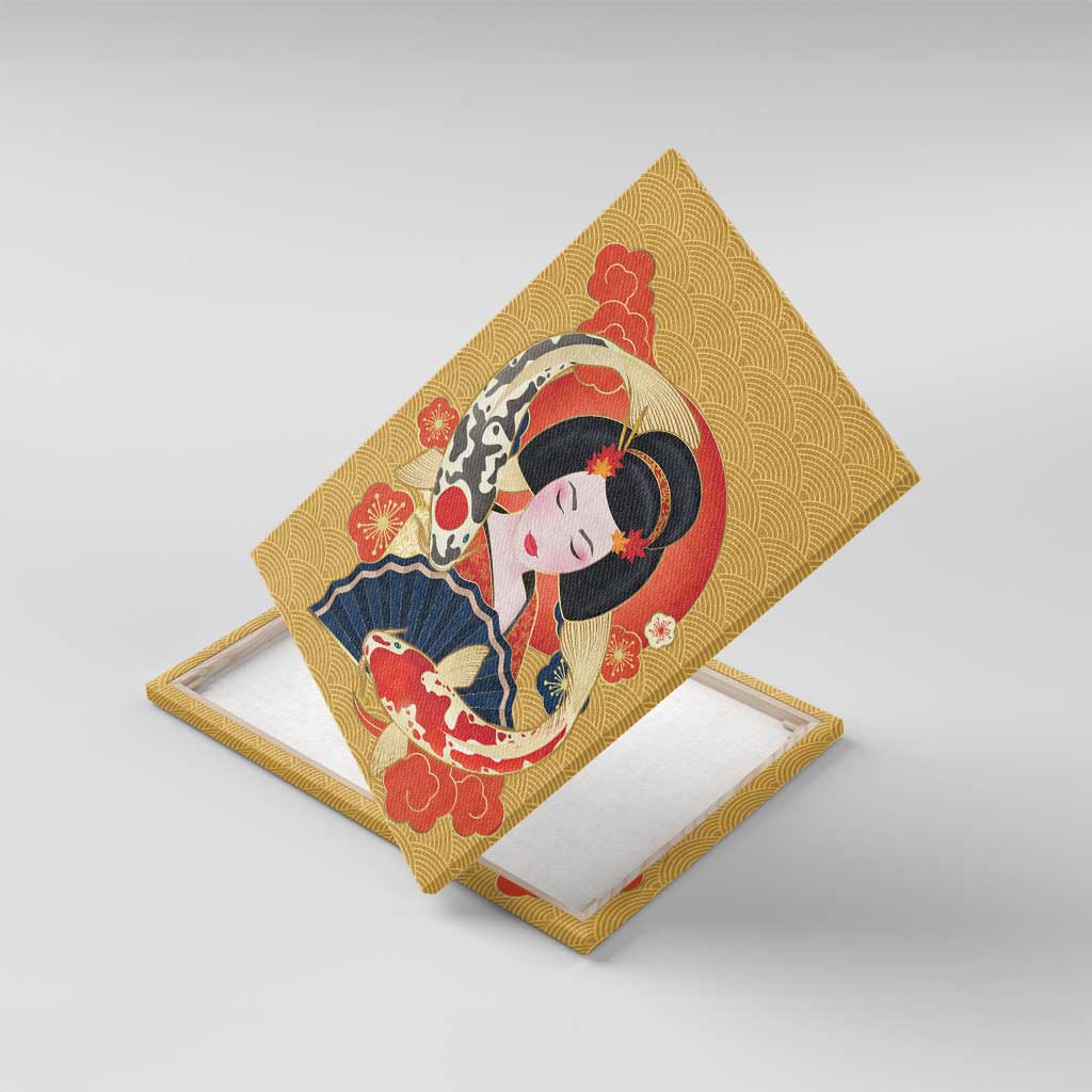 Japanese Geisha Koi Fish Canvas Wall Art Cherry Blossoms Yellow Seigaiha Pattern - Polynesian Pride