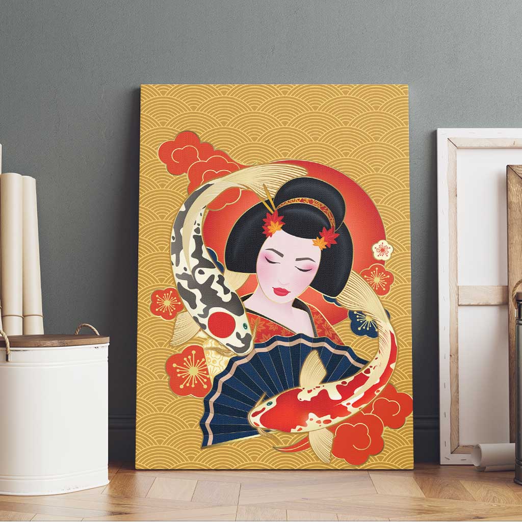 Japanese Geisha Koi Fish Canvas Wall Art Cherry Blossoms Yellow Seigaiha Pattern - Polynesian Pride