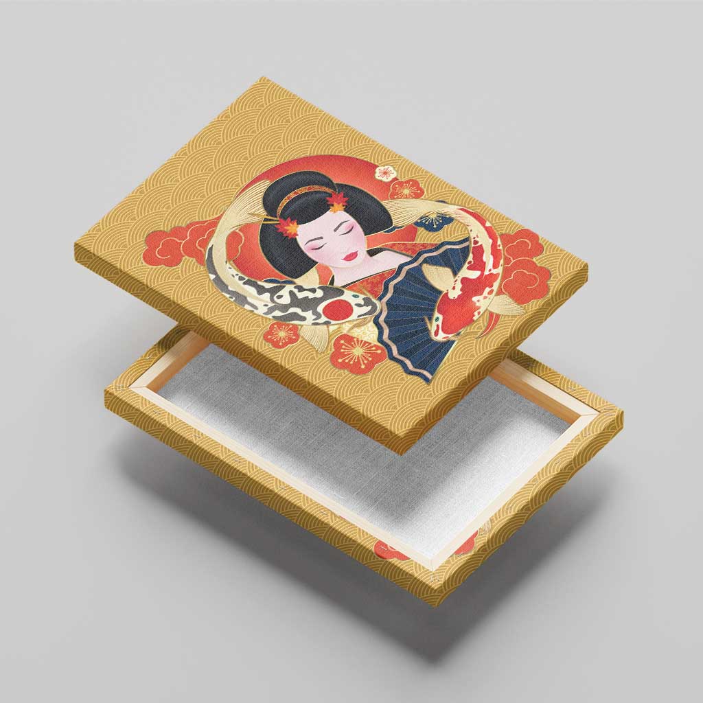 Japanese Geisha Koi Fish Canvas Wall Art Cherry Blossoms Yellow Seigaiha Pattern - Polynesian Pride