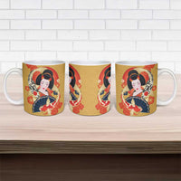 Japanese Geisha Koi Fish Ceramic Mug Cherry Blossoms Yellow Seigaiha Pattern - Polynesian Pride