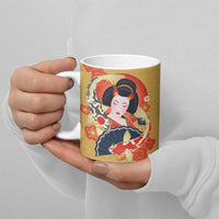 Japanese Geisha Koi Fish Ceramic Mug Cherry Blossoms Yellow Seigaiha Pattern - Polynesian Pride
