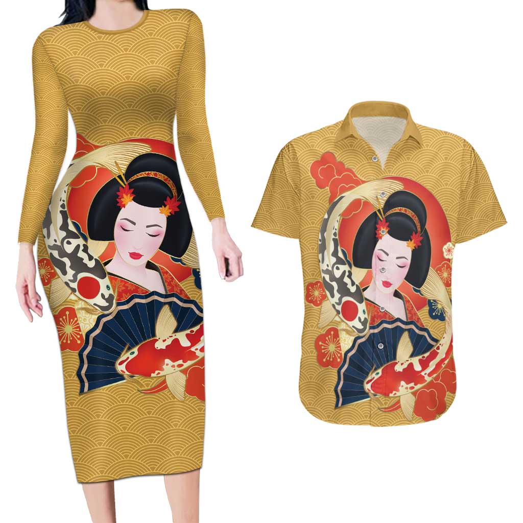 Japanese Geisha Koi Fish Couples Matching Long Sleeve Bodycon Dress and Hawaiian Shirt Cherry Blossoms Yellow Seigaiha Pattern LT14 Yellow - Polynesian Pride