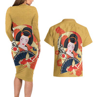 Japanese Geisha Koi Fish Couples Matching Long Sleeve Bodycon Dress and Hawaiian Shirt Cherry Blossoms Yellow Seigaiha Pattern LT14 - Polynesian Pride