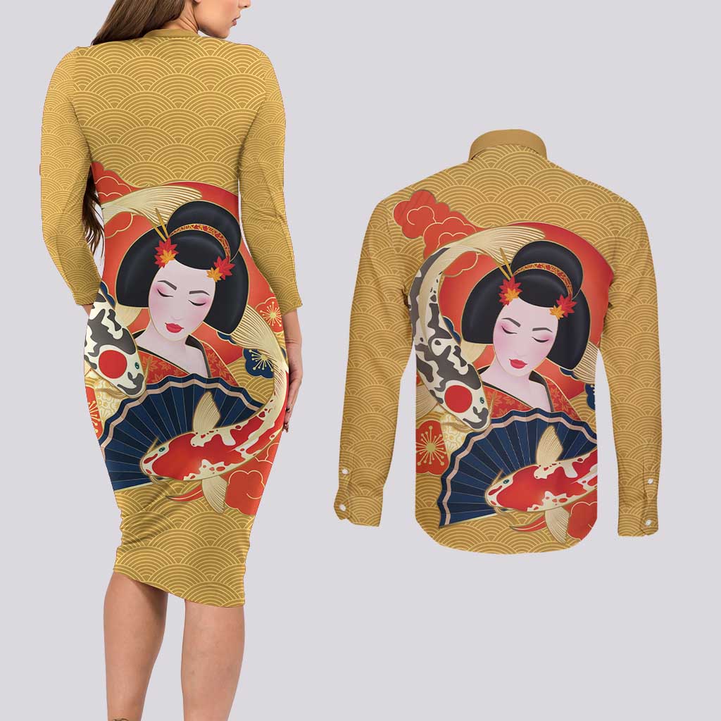 Japanese Geisha Koi Fish Couples Matching Long Sleeve Bodycon Dress and Long Sleeve Button Shirt Cherry Blossoms Yellow Seigaiha Pattern - Polynesian Pride