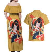 Japanese Geisha Koi Fish Couples Matching Off Shoulder Maxi Dress and Hawaiian Shirt Cherry Blossoms Yellow Seigaiha Pattern - Polynesian Pride