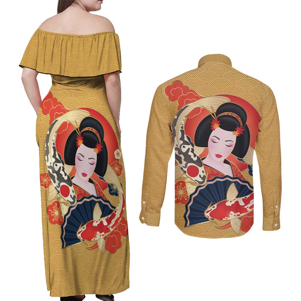 Japanese Geisha Koi Fish Couples Matching Off Shoulder Maxi Dress and Long Sleeve Button Shirt Cherry Blossoms Yellow Seigaiha Pattern - Polynesian Pride