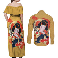 Japanese Geisha Koi Fish Couples Matching Off Shoulder Maxi Dress and Long Sleeve Button Shirt Cherry Blossoms Yellow Seigaiha Pattern - Polynesian Pride