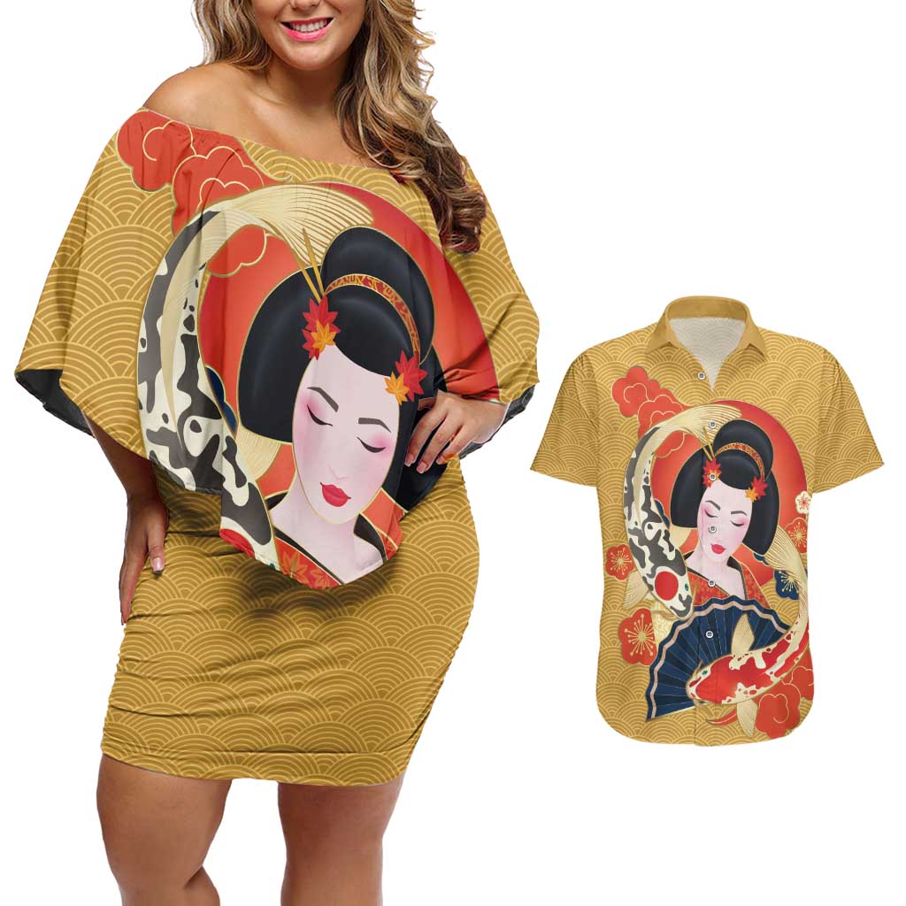 Japanese Geisha Koi Fish Couples Matching Off Shoulder Short Dress and Hawaiian Shirt Cherry Blossoms Yellow Seigaiha Pattern - Polynesian Pride