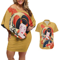 Japanese Geisha Koi Fish Couples Matching Off Shoulder Short Dress and Hawaiian Shirt Cherry Blossoms Yellow Seigaiha Pattern - Polynesian Pride
