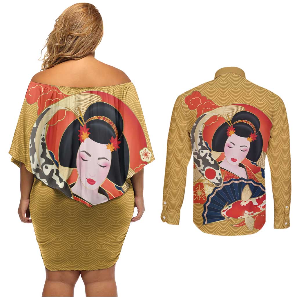 Japanese Geisha Koi Fish Couples Matching Off Shoulder Short Dress and Long Sleeve Button Shirt Cherry Blossoms Yellow Seigaiha Pattern - Polynesian Pride