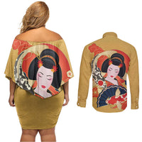 Japanese Geisha Koi Fish Couples Matching Off Shoulder Short Dress and Long Sleeve Button Shirt Cherry Blossoms Yellow Seigaiha Pattern - Polynesian Pride