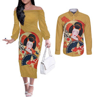 Japanese Geisha Koi Fish Couples Matching Off The Shoulder Long Sleeve Dress and Long Sleeve Button Shirt Cherry Blossoms Yellow Seigaiha Pattern - Polynesian Pride