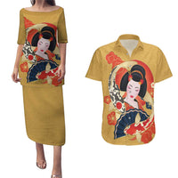 Japanese Geisha Koi Fish Couples Matching Puletasi and Hawaiian Shirt Cherry Blossoms Yellow Seigaiha Pattern LT14 Yellow - Polynesian Pride