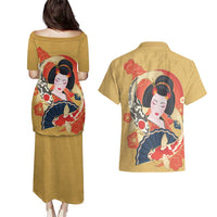 Japanese Geisha Koi Fish Couples Matching Puletasi and Hawaiian Shirt Cherry Blossoms Yellow Seigaiha Pattern LT14 - Polynesian Pride