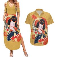 Japanese Geisha Koi Fish Couples Matching Summer Maxi Dress and Hawaiian Shirt Cherry Blossoms Yellow Seigaiha Pattern - Polynesian Pride