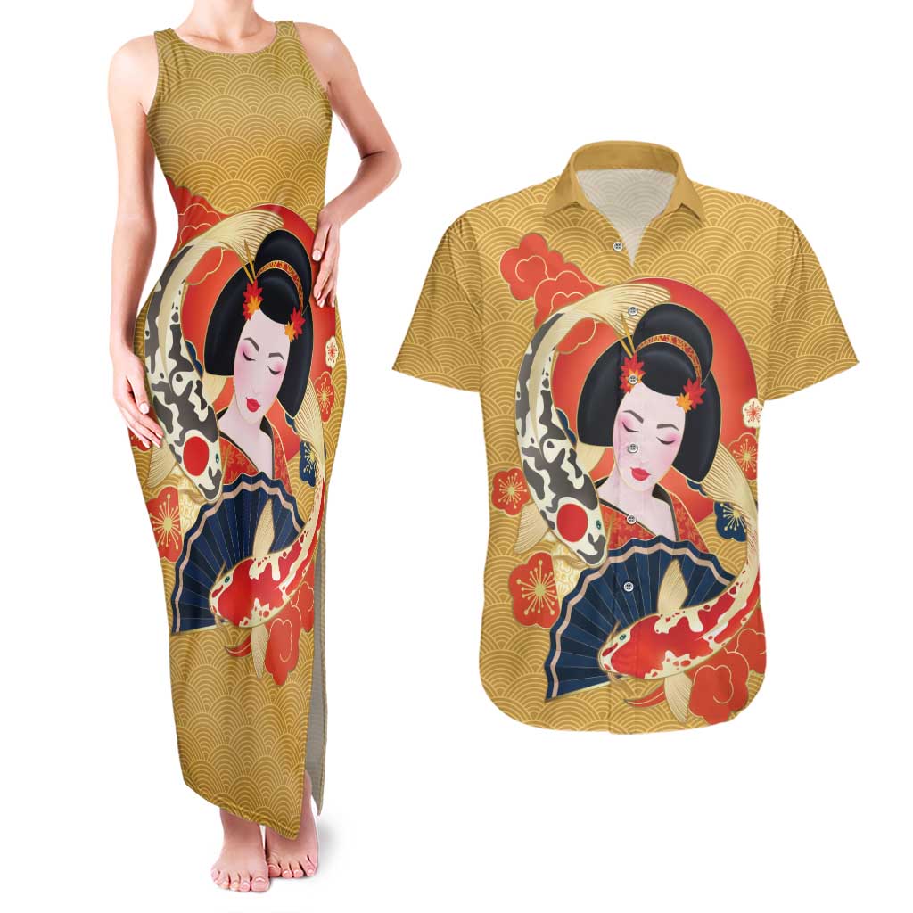 Japanese Geisha Koi Fish Couples Matching Tank Maxi Dress and Hawaiian Shirt Cherry Blossoms Yellow Seigaiha Pattern - Polynesian Pride