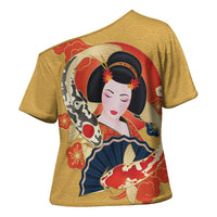 Japanese Geisha Koi Fish Cross Shoulder Shirt Cherry Blossoms Yellow Seigaiha Pattern - Polynesian Pride