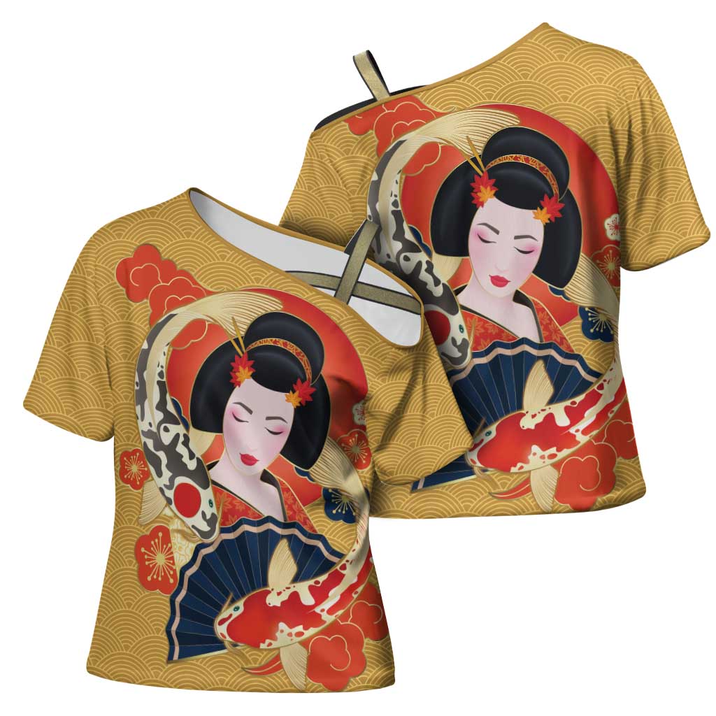 Japanese Geisha Koi Fish Cross Shoulder Shirt Cherry Blossoms Yellow Seigaiha Pattern - Polynesian Pride