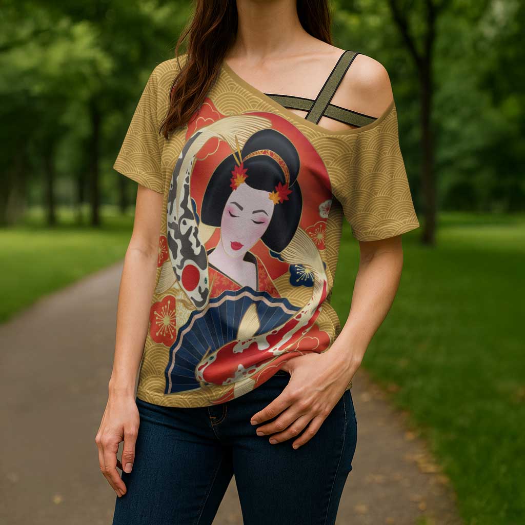 Japanese Geisha Koi Fish Cross Shoulder Shirt Cherry Blossoms Yellow Seigaiha Pattern - Polynesian Pride
