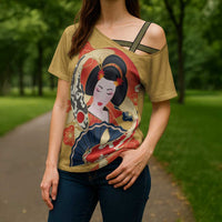 Japanese Geisha Koi Fish Cross Shoulder Shirt Cherry Blossoms Yellow Seigaiha Pattern - Polynesian Pride