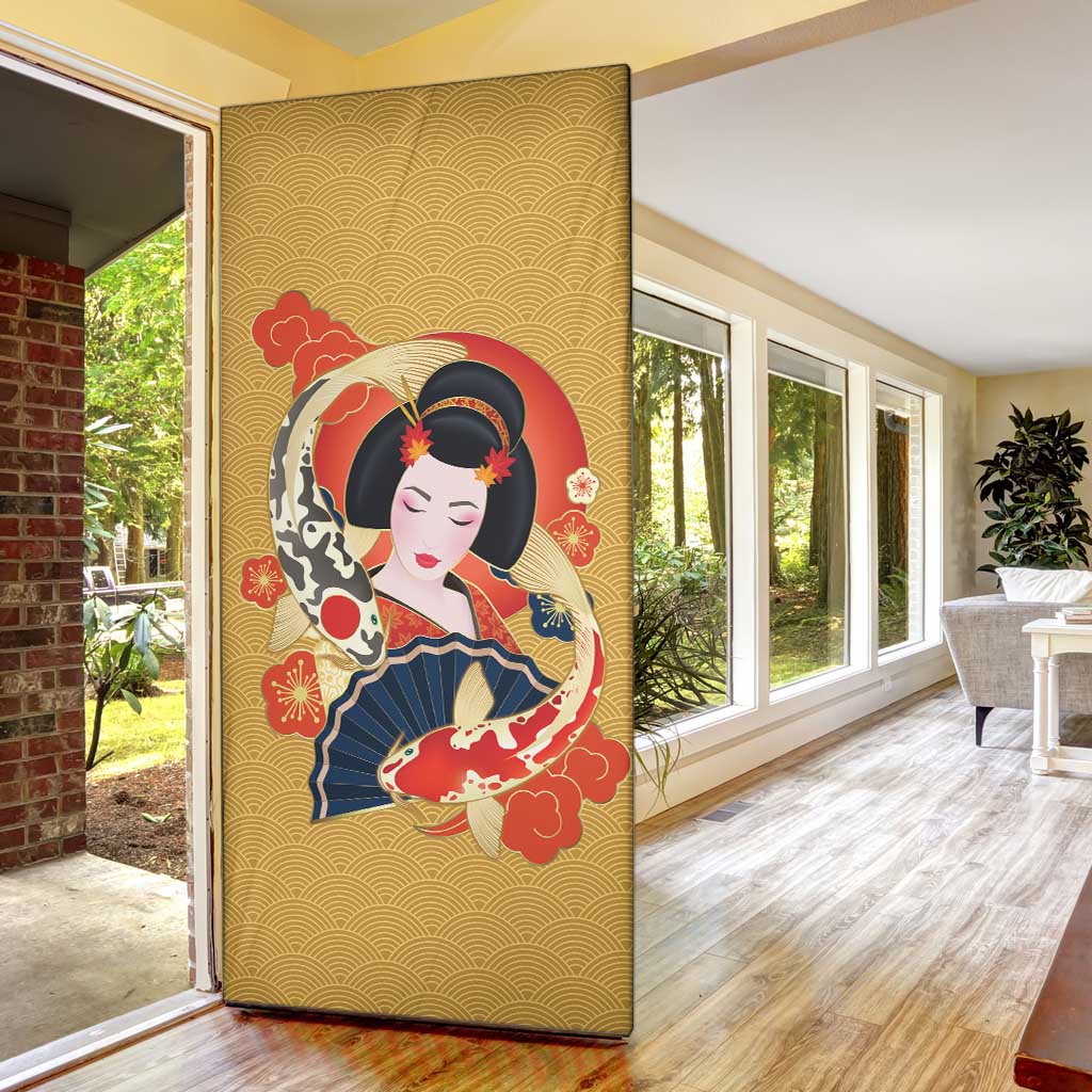 Japanese Geisha Koi Fish Door Cover Cherry Blossoms Yellow Seigaiha Pattern - Polynesian Pride