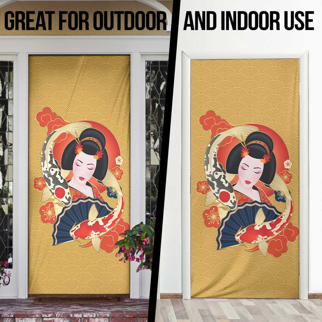 Japanese Geisha Koi Fish Door Cover Cherry Blossoms Yellow Seigaiha Pattern - Polynesian Pride