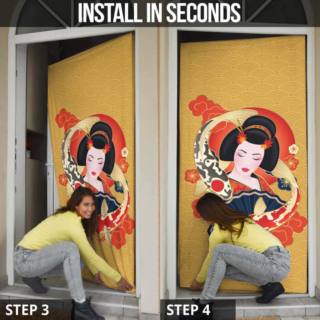 Japanese Geisha Koi Fish Door Cover Cherry Blossoms Yellow Seigaiha Pattern - Polynesian Pride