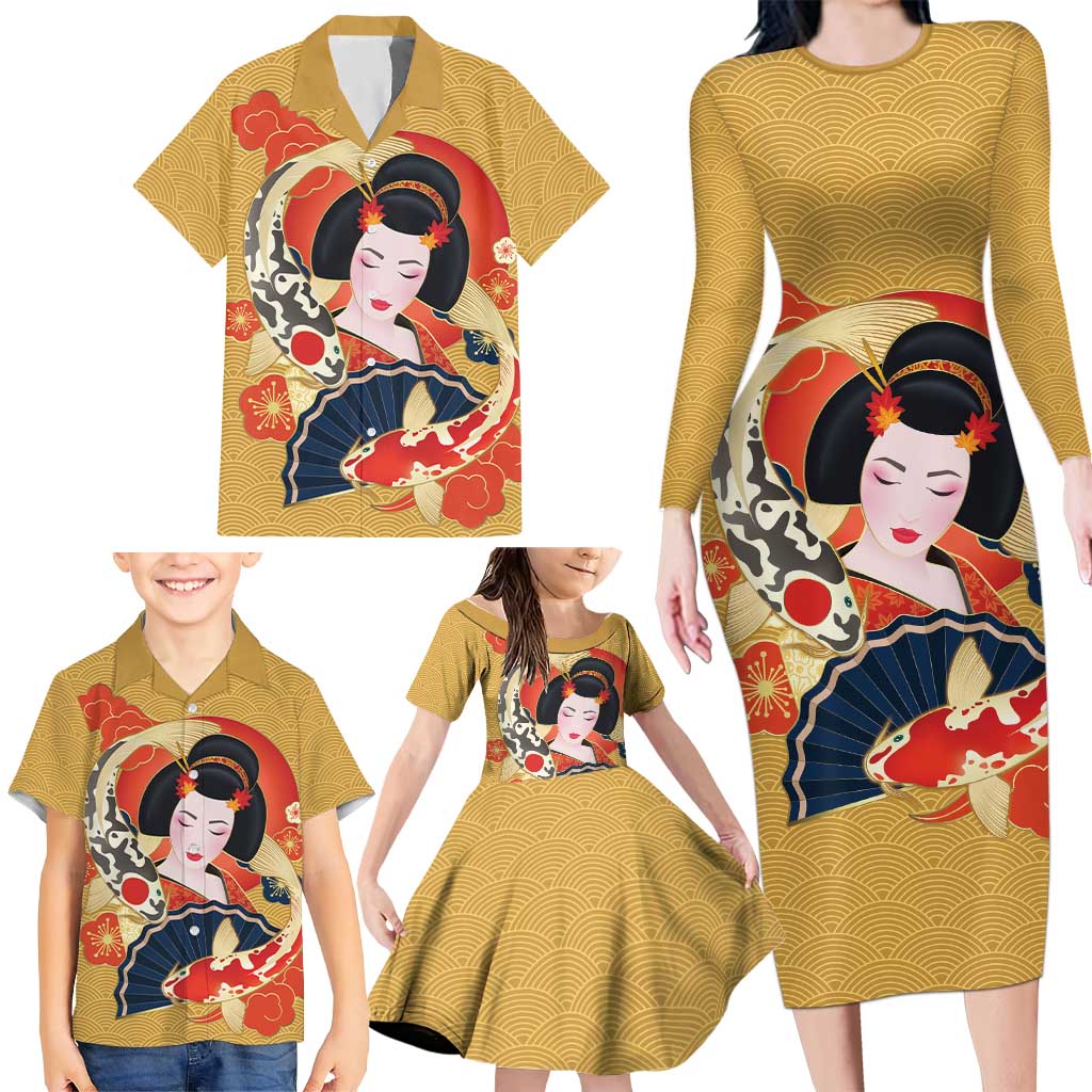Japanese Geisha Koi Fish Family Matching Long Sleeve Bodycon Dress and Hawaiian Shirt Cherry Blossoms Yellow Seigaiha Pattern LT14 - Polynesian Pride