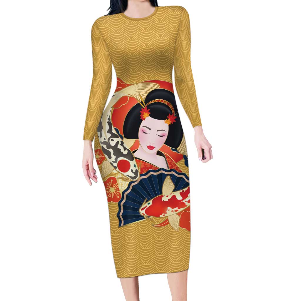 Japanese Geisha Koi Fish Family Matching Long Sleeve Bodycon Dress and Hawaiian Shirt Cherry Blossoms Yellow Seigaiha Pattern LT14 Mom's Dress Yellow - Polynesian Pride