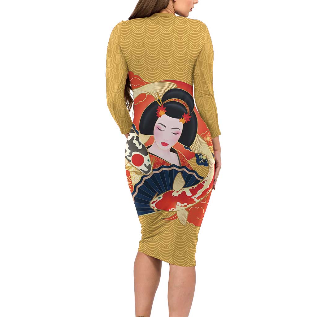 Japanese Geisha Koi Fish Family Matching Long Sleeve Bodycon Dress and Hawaiian Shirt Cherry Blossoms Yellow Seigaiha Pattern LT14 - Polynesian Pride