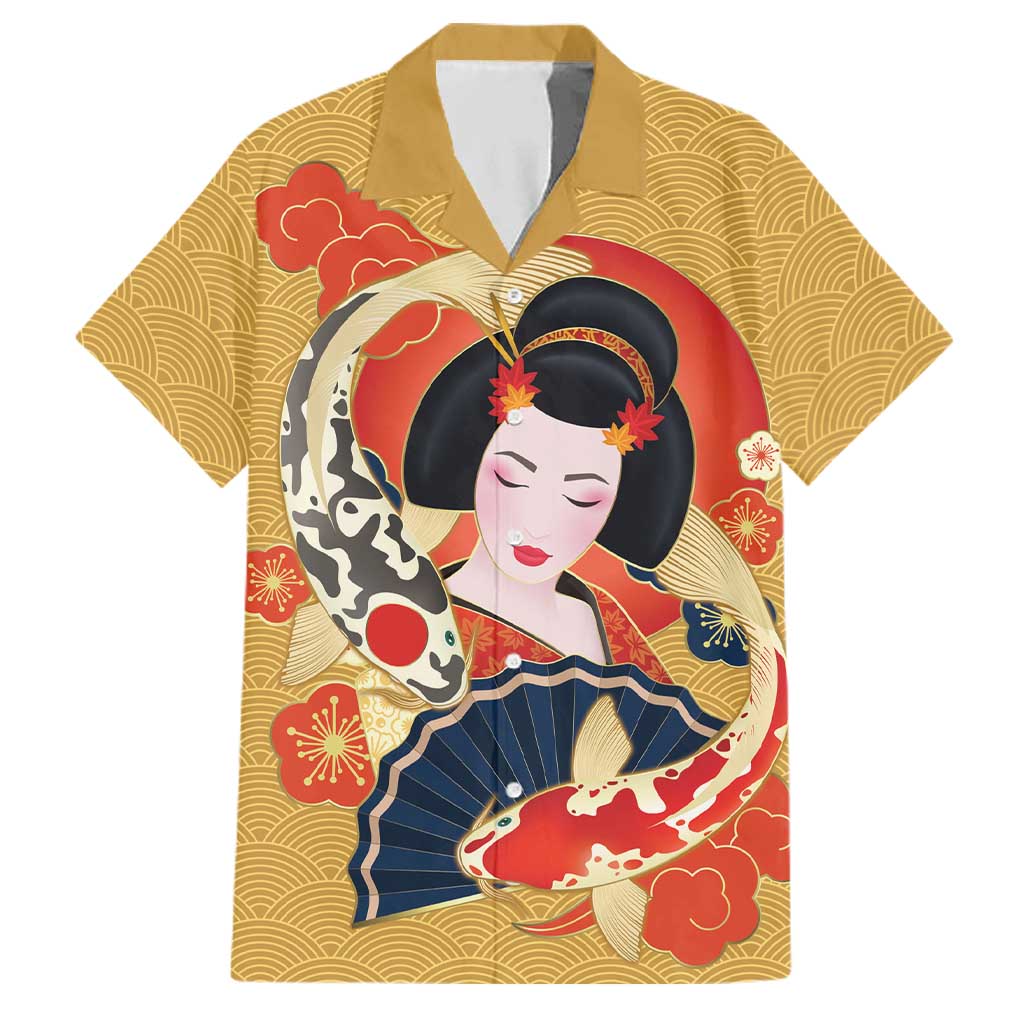 Japanese Geisha Koi Fish Family Matching Mermaid Dress and Hawaiian Shirt Cherry Blossoms Yellow Seigaiha Pattern LT14 Dad's Shirt - Short Sleeve Yellow - Polynesian Pride