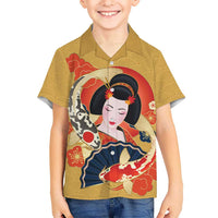 Japanese Geisha Koi Fish Family Matching Off The Shoulder Long Sleeve Dress and Hawaiian Shirt Cherry Blossoms Yellow Seigaiha Pattern LT14 Son's Shirt Yellow - Polynesian Pride