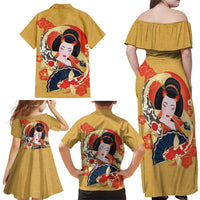 Japanese Geisha Koi Fish Family Matching Off Shoulder Maxi Dress and Hawaiian Shirt Cherry Blossoms Yellow Seigaiha Pattern LT14 - Polynesian Pride