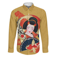 Japanese Geisha Koi Fish Family Matching Off Shoulder Maxi Dress and Hawaiian Shirt Cherry Blossoms Yellow Seigaiha Pattern LT14 Dad's Shirt - Long Sleeve Yellow - Polynesian Pride