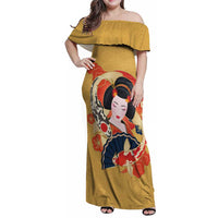 Japanese Geisha Koi Fish Family Matching Off Shoulder Maxi Dress and Hawaiian Shirt Cherry Blossoms Yellow Seigaiha Pattern LT14 Mom's Dress Yellow - Polynesian Pride